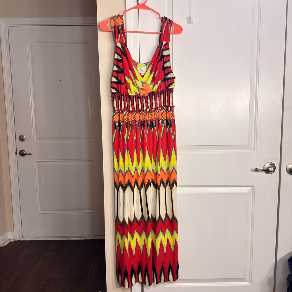 ECI New York Geometric Ikat Maxi Dress Smocked Waist Boho Multicolor M